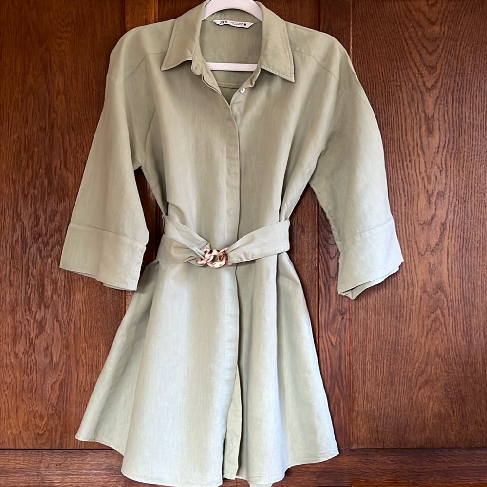 Zara Green Sage Green Linen Belt Wrap Dress Sz S - Gem